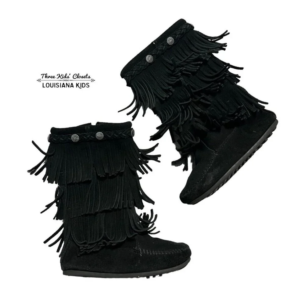 Minnetonka Sz 12 Black Suede Leather Fringe Boots